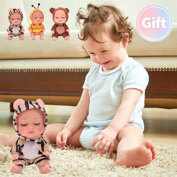 5 Inch Mini Sleeping Reborn Baby Doll, Washable PVC Tiny Doll with Swaddle Animal Costume, Poseable Small Newborn Doll Toy for Kids Ages 3+, Birthday Baby Shower Holiday Collectible Gift