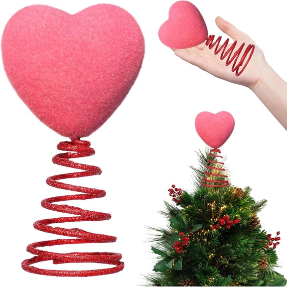 5 Inch Mini Valentine Day Hearts Tree Topper Flocked Tree Topper for Mini Trees Heart Decorations for Valentine's Day Party Holiday Ornament Home Decoration (Red)