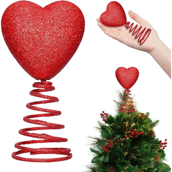 5 Inch Mini Valentine Day Hearts Tree Topper Glitter Tree Topper for Mini Trees Heart Decorations for Valentine's Day Party Holiday Ornament Home Decoration (Red)