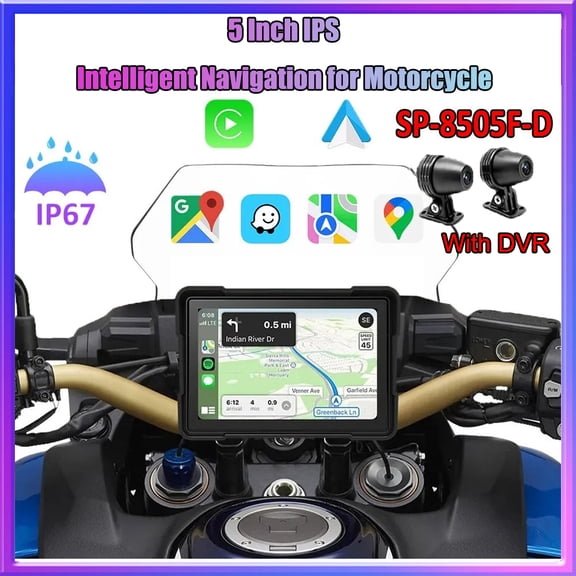 5 Inch Motorcycle Carplay DVR Wireless Carplay & Android Auto IP67 Waterproof GPS Navigation IPS Screen Display Dash Cam