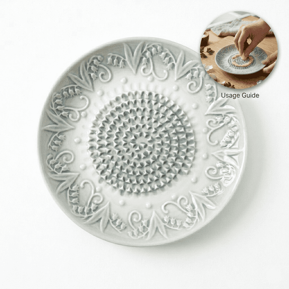 5-Inch Multi-Functional Ceramic Grating Plate, Floral Relievo Porcelain Texturing & Rubbing Tool