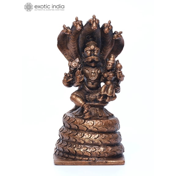 5 Inch Narasimha Seated on Serpent Throne with Lakshmi Copper Warrior Deity