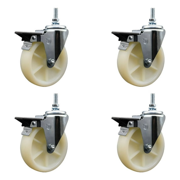 5 Inch Nylon 3/8 Inch Threaded Stem Caster Set with Brake