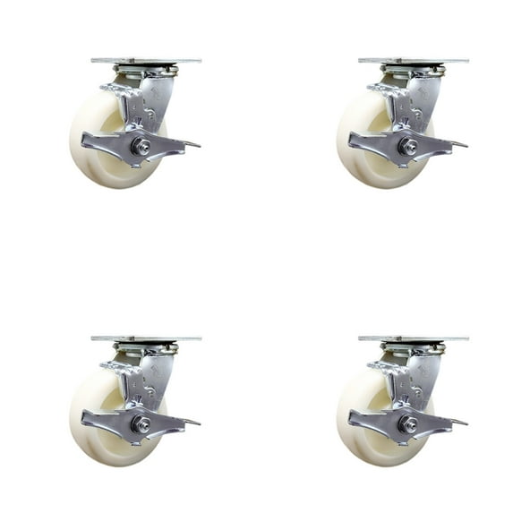 5 Inch Nylon Swivel Caster Set with Roller Bearings and Brakes Service Caster