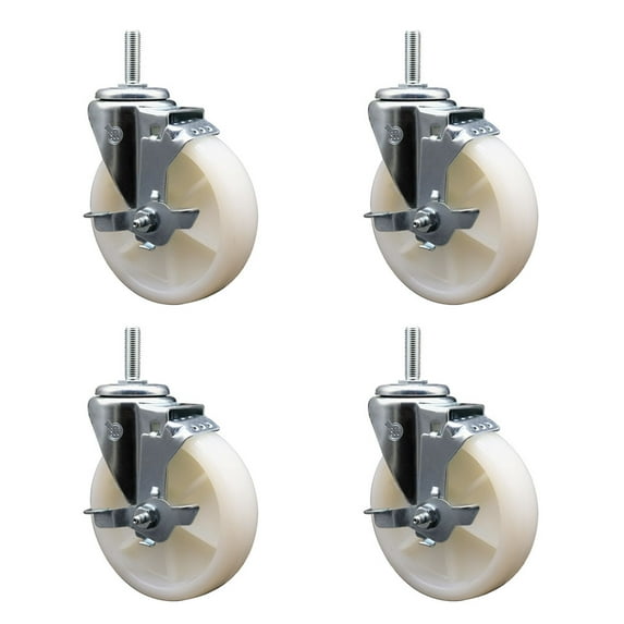 5 Inch Nylon Wheel Swivel 5/8 Inch Threaded Stem Caster Set with Brake SCC