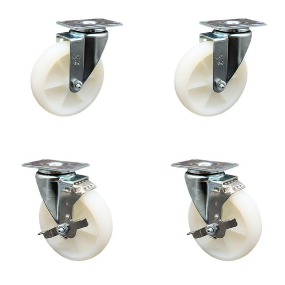 5 Inch Nylon Wheel Swivel Top Plate Caster Set with 2 Brakes Service Caster