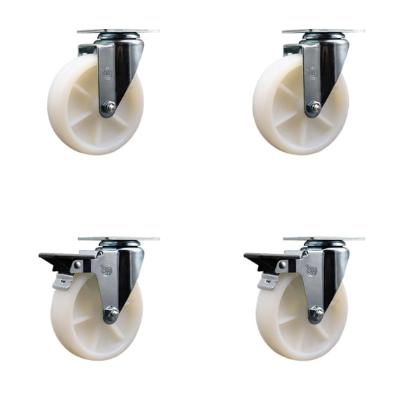 5 Inch Nylon Wheel Swivel Top Plate Caster Set with 2 Posi Brakes SCC