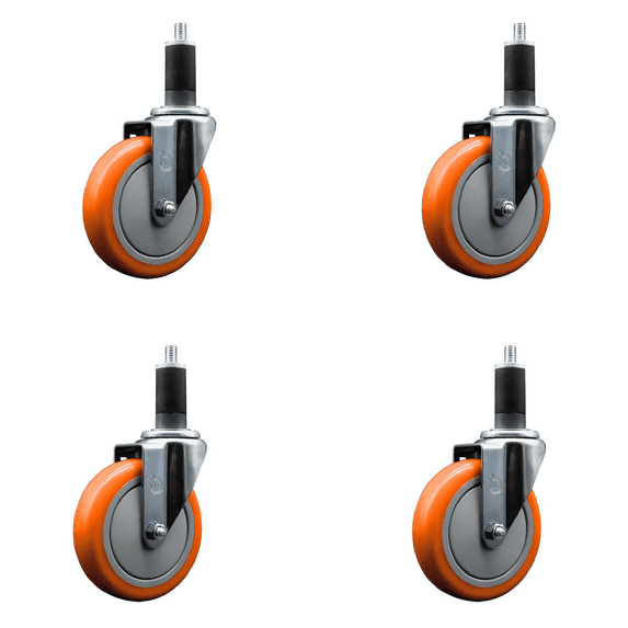5 Inch Orange Poly Wheel Swivel 1-1/4 Inch Expanding Stem Caster Set SCC