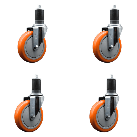 5 Inch Orange Poly Wheel Swivel 1-5/8 Inch Expanding Stem Caster Set SCC