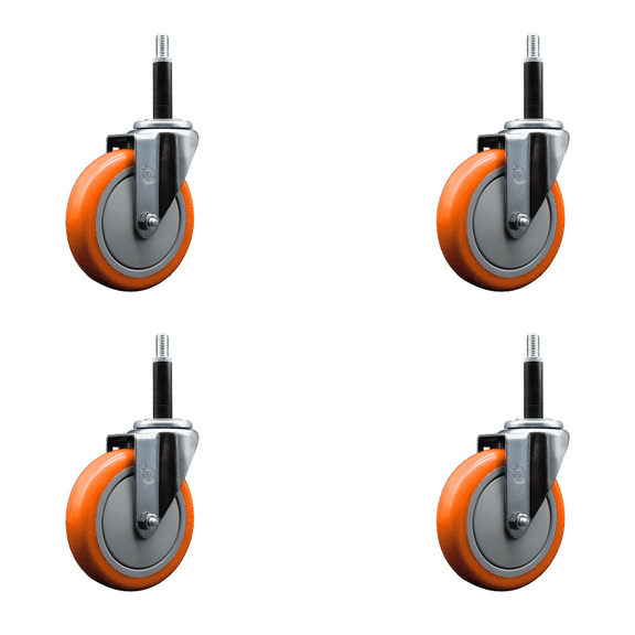 5 Inch Orange Poly Wheel Swivel 3/4 Inch Expanding Stem Caster Set SCC