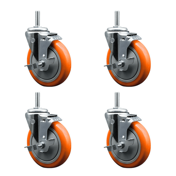 5 Inch Orange Poly Wheel Swivel 3/4 Inch Threaded Stem Caster Set with Brake