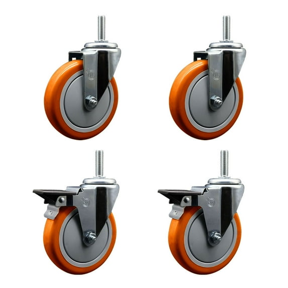 5 Inch Orange Poly Wheel Swivel 5/8 Inch Threaded Stem Caster Set 2 Brakes
