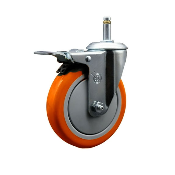 5 Inch Orange Poly Wheel Swivel 7/16 Inch Stem Caster with Total Lock Brake