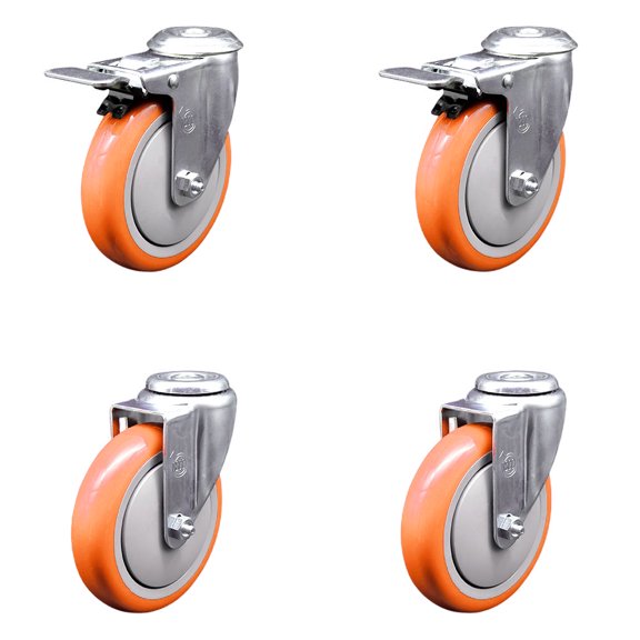 5 Inch Orange Polyurethane Swivel Bolt Hole Caster Set with 2 Total Lock Brake