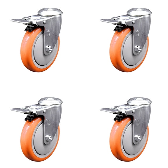 5 Inch Orange Polyurethane Swivel Bolt Hole Caster Set with Total Lock Brake SCC