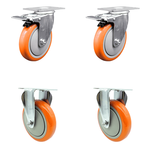 5 Inch Orange Polyurethane Swivel Top Plate Caster Set 2 Lock Brakes 2 Rigid SCC