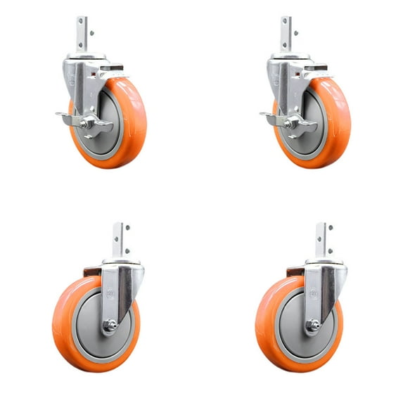 5 Inch Orange Polyurethane Wheel Swivel 3/4 Inch Square Stem Caster Set 2 Brakes