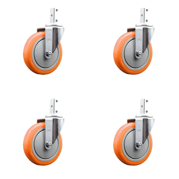 5 Inch Orange Polyurethane Wheel Swivel 7/8 Inch Square Stem Caster Set SCC