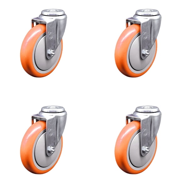 5 Inch Orange Polyurethane Wheel Swivel Bolt Hole Caster Set