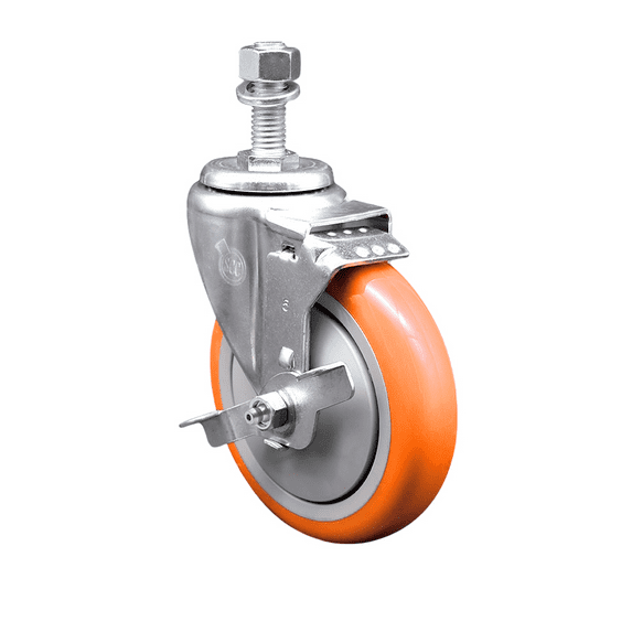 5 Inch Orange Polyurethane Wheel Swivel ½ Inch Threaded Stem Caster with Brake