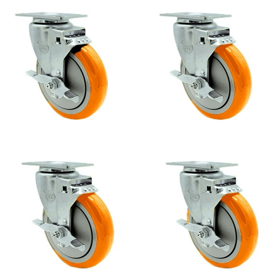 5 Inch Orange Polyurethane Wheel Swivel Top Plate Caster Set with Brake SCC