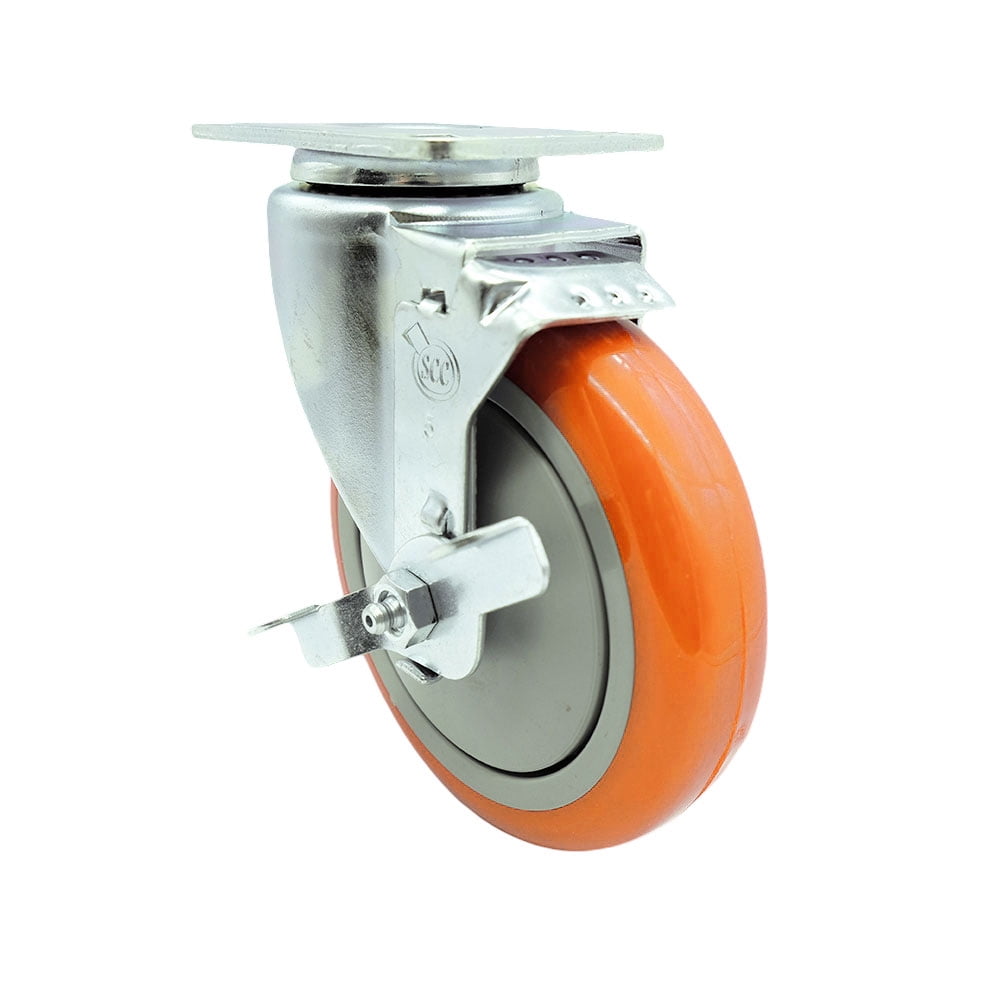5 Inch Orange Polyurethane Wheel Swivel Top Plate Caster with Brake
