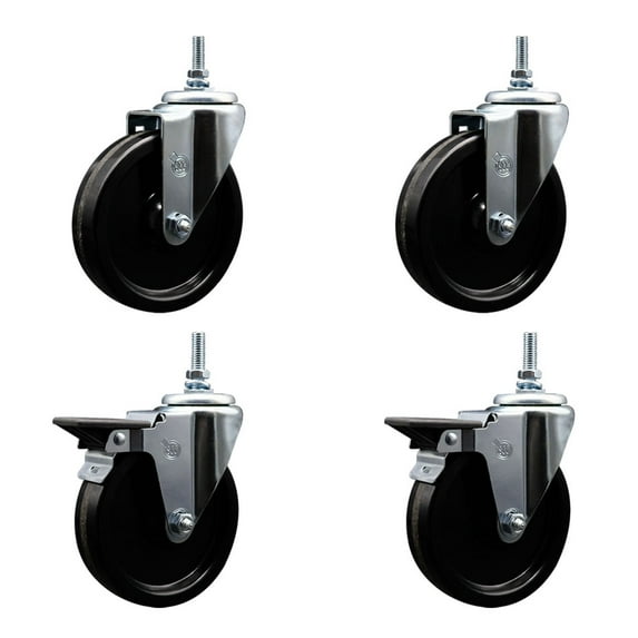 5 Inch Phenolic 12MM Threaded Stem Caster Set 2 Brakes SCC
