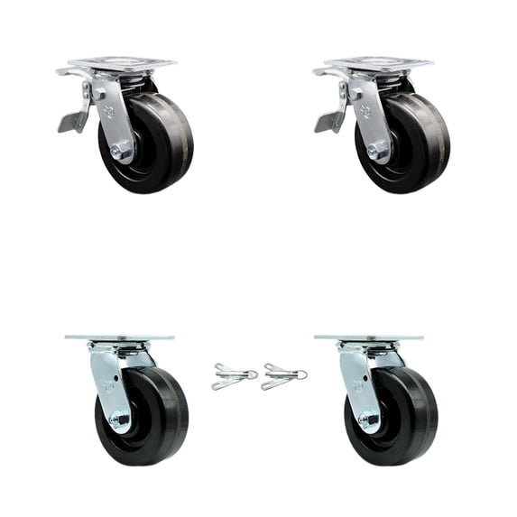 5 Inch Phenolic Caster Set with Ball Bearings 2 Brakes 2 Swivel Locks SCC