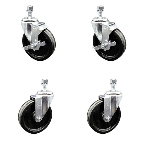 5 Inch Phenolic Wheel Swivel 12mm Threaded Stem Caster Set 2 Brakes SCC