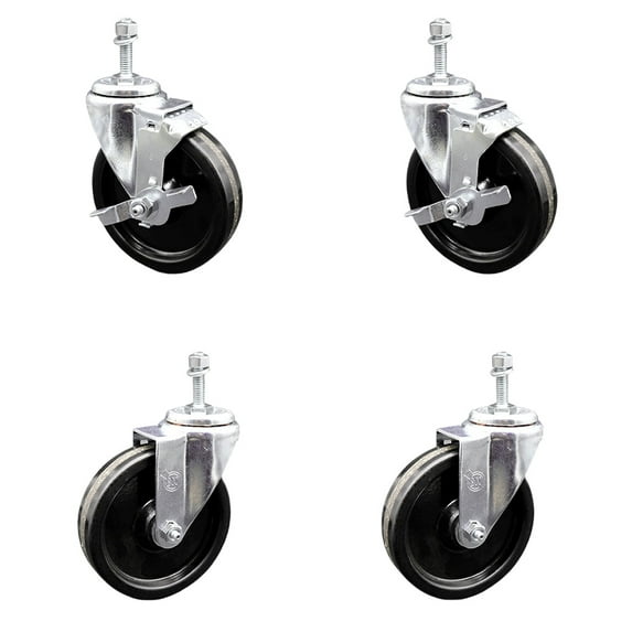 5 Inch Phenolic Wheel Swivel 3/8 Inch Threaded Stem Caster Set 2 Brakes SCC