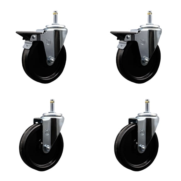5 Inch Phenolic Wheel Swivel 7/16 Inch Grip Ring Stem Caster Set 2 Brakes SCC