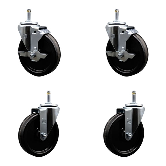5 Inch Phenolic Wheel Swivel 7/16 Inch Grip Ring Stem Caster Set 2 Brakes SCC