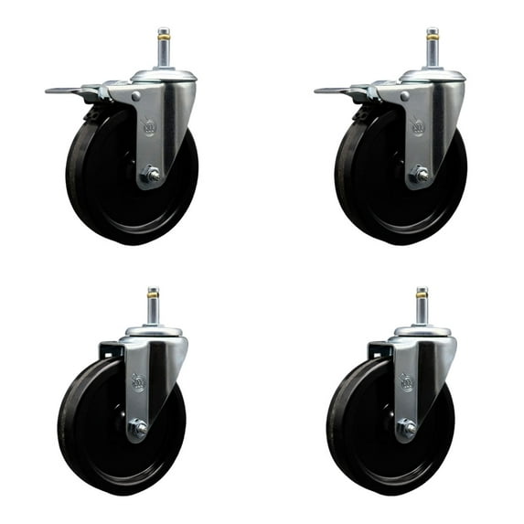 5 Inch Phenolic Wheel Swivel 7/16 Inch Grip Ring Stem Caster Set 2 Brake