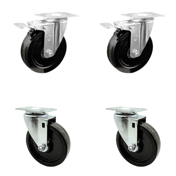 5 Inch Phenolic Wheel Swivel Top Plate Caster Set 2 Total Lock Brakes SCC