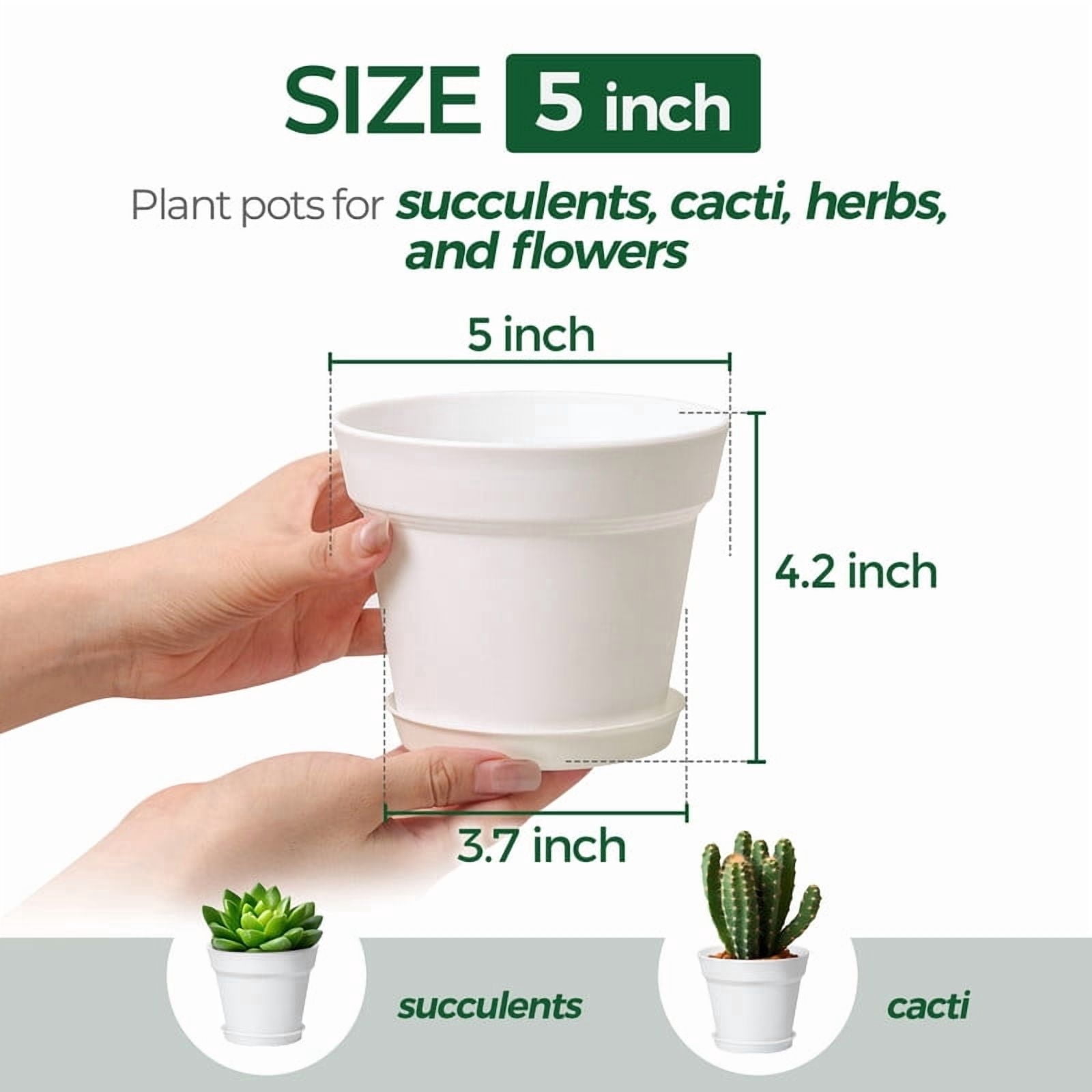 5 Inch Plastic Plant Pots with Drainage Hole & Saucer, 8-Pack White ...