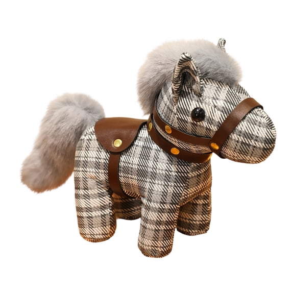 5 Inch Plush Horse Toy Stylish Plaid Pattern Fabric Stuffed Animal with Brown Saddle and Furry Tail for Desktop Decoration