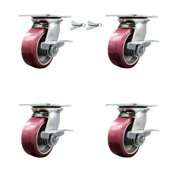 5 Inch Poly on Aluminum Caster Set with Ball Bearing 4 Brake and 2 Swivel Lock