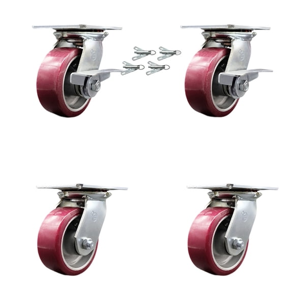 5 Inch Poly on Aluminum Caster Set with Ball Bearing 4 Swivel Lock and 2 Brake