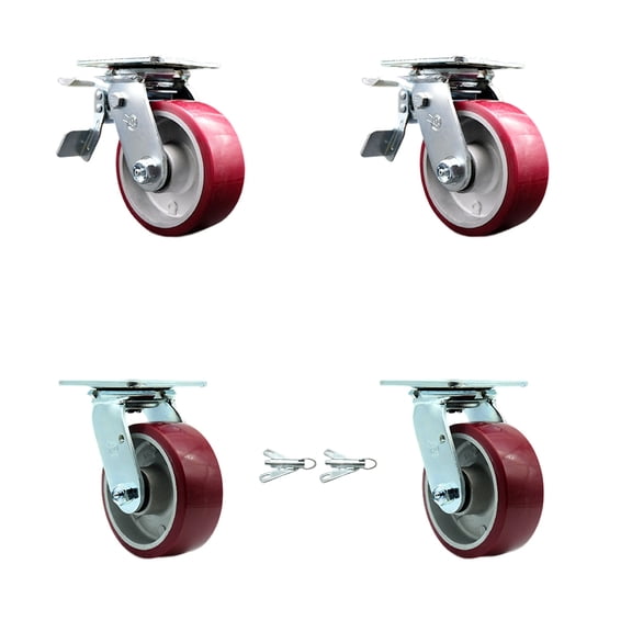 5 Inch Poly on Aluminum Caster Set with Ball Bearings 2 Brakes 2 Swivel Lock SCC