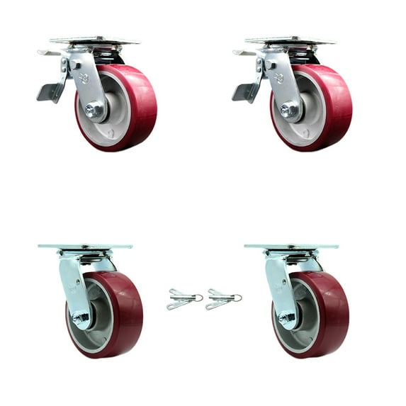 5 Inch Poly on Aluminum Caster Set with Ball Bearings 2 Brakes 2 Swivel Lock SCC
