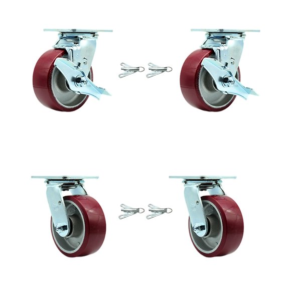 5 Inch Poly on Aluminum Caster Set with Ball Bearings 4 Swivel Lock 2 Brake SCC