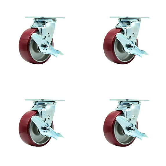 5 Inch Poly on Aluminum Caster Set with Roller Bearing 4 Brake 2 Swivel Lock SCC