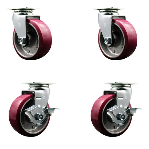 5 Inch Poly on Aluminum Swivel Caster Set with Ball Bearings 2 Brakes SCC