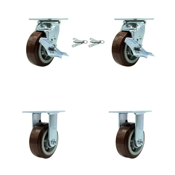 5 Inch Polyurethane Caster Set with 2 Brakes/Swivel Lock 2 Rigid Service Caster