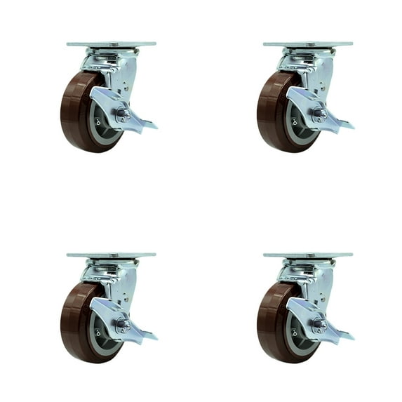 5 Inch Polyurethane Caster Set with Roller Bearings 4 Brake 2 Swivel Lock SCC
