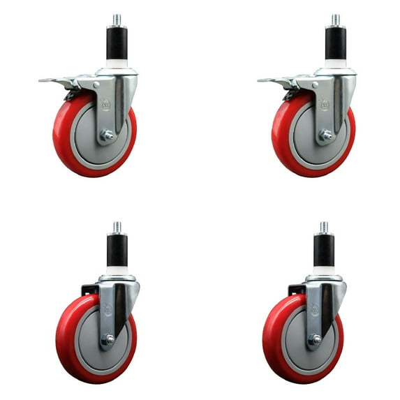 5 Inch Red Poly Swivel 1-3/8 Inch Expanding Stem Caster Set 2 Total Lock Brakes