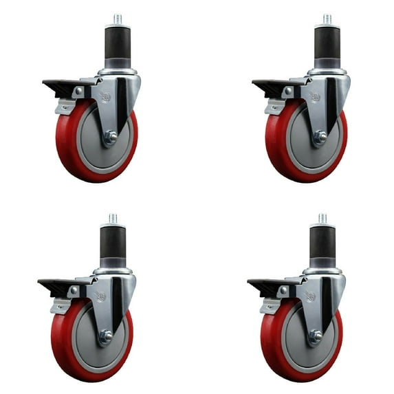 5 Inch Red Poly Swivel 1-5/8 Inch Expanding Stem Caster Set with Brake SCC