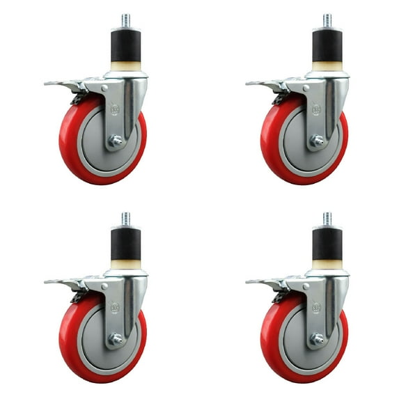 5 Inch Red Poly Swivel 1-7/8 Inch Expanding Stem Caster Set Total Lock Brake