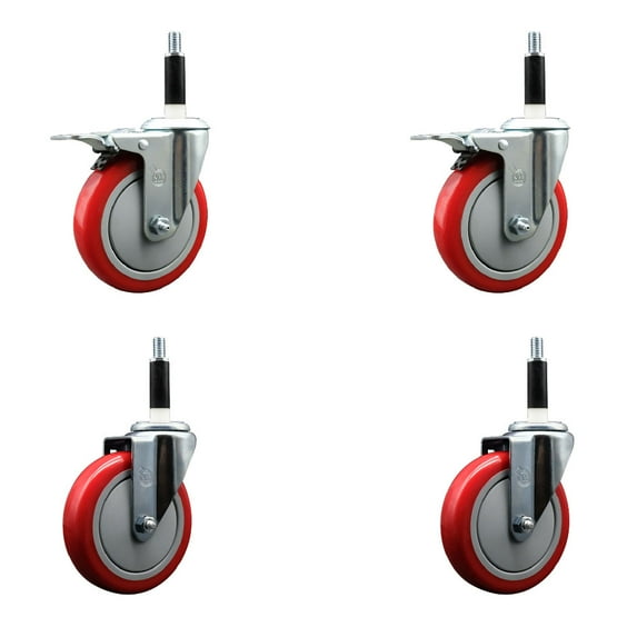 5 Inch Red Poly Swivel 7/8 Inch Expanding Stem Caster Set 2 Total Lock Brakes