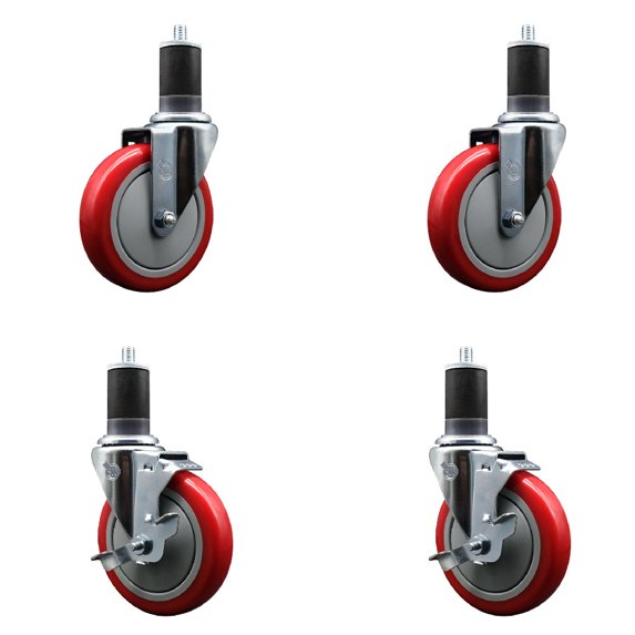 5 Inch Red Poly Wheel Swivel 1-5/8 Inch Expanding Stem Caster Set 2 Brakes SCC